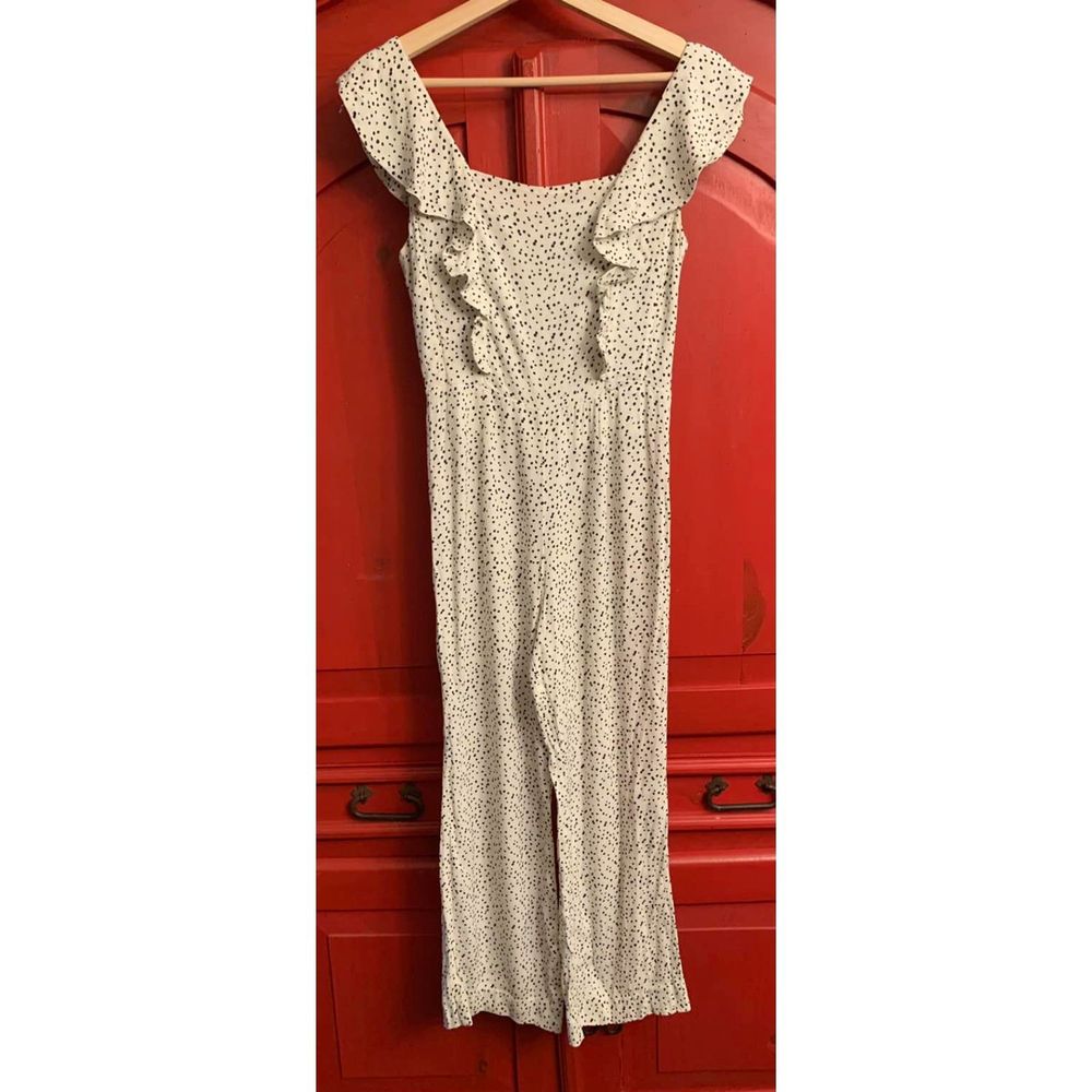 Leith  Size XS Nordstroms Brand Polka Dot Ruffle Jumpsuit Black White Romper EUC